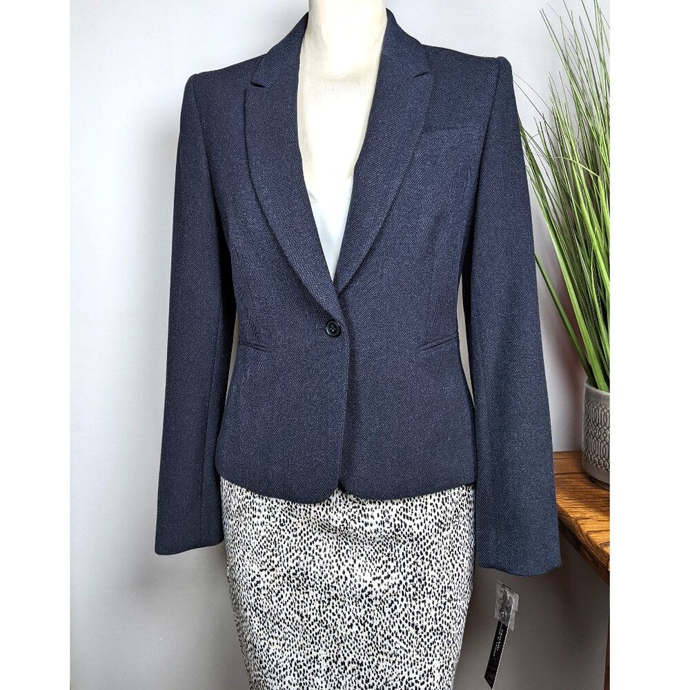 TAHARI ASL Gray & Silver Metallic Herringbone Blazer Patch Elbow Wms size 2 NWT
